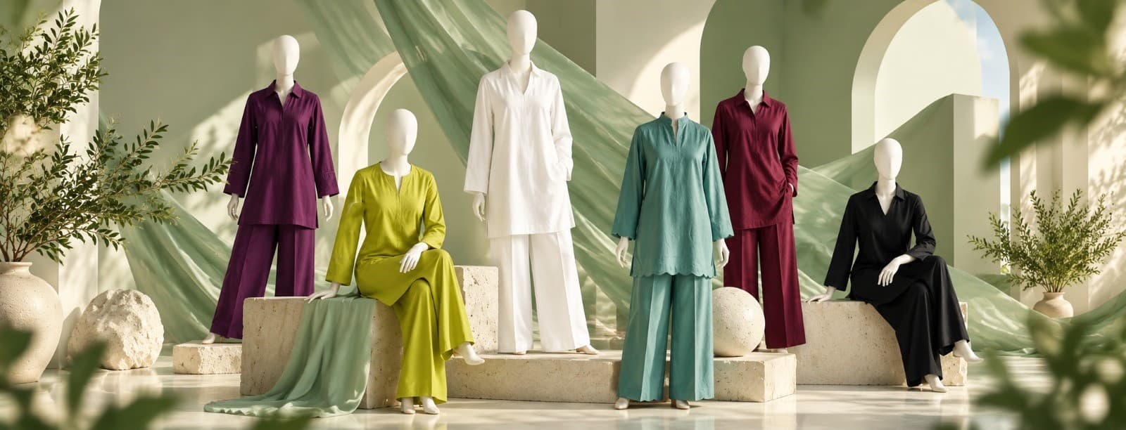 Six outfits displayed on mannequins in a green studio setting